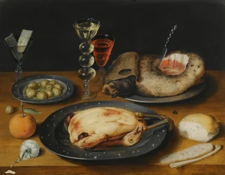 Still Life of a Roast Chicken, a Ham and Olives on Pewter Plates with a Bread Roll, an Orange, Wineglasses and a Rose on a Wooden Table
